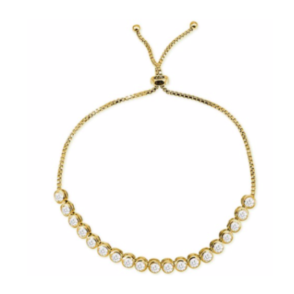 This feminine, light 925 sterling silver bracelet features one row of beautiful cubic zirconia on a sterling silver adjustable chain.  This bracelet is 14K gold plated.  It can be worn as a single bracelet or stacked.  Being this bracelet is adjustable, it will fit most wrists  Hypoallergenic