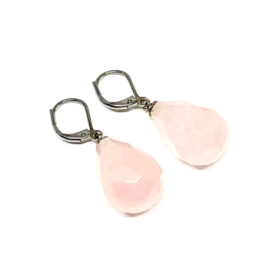 These handcrafted earrings are genuine rose quartz.    The finishings are all white gold plated.   Earrings are 1.5 inches in length   Lead, nickel free and tarnish resistant   These earrings have a frenchback closure.   Designed and handcrafted by Canadian Artisan 