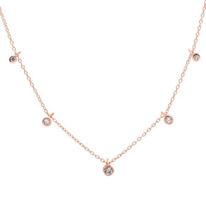 This 925 sterling silver choker necklace is very dainty with the 5 cubic zirconia.  14K rose gold plated or 14K gold plated  Rhodium plated so will not tarnish  Lead and nickel free  This necklace is 16” in length with a 2” extender   