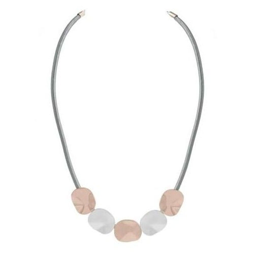 Discover eye-catching, straight-off-the-runway inspired pieces. One statement piece, infinite possibilities…  Merx Modern is exclusively designed and handmade in Canada.  This short necklace has shiny rose gold with matte silver on a grey cord chain.   This necklace is 16” + 3” extender