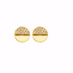These .925 sterling silver half pave circle studs are very elegant. Cubic zirconia are filled in half of each earring  We carry these studs in both rhodium plated or 14K gold plated  Hypoallergenic, sterling silver back and posts, lead and nickel free  Size: 8mm