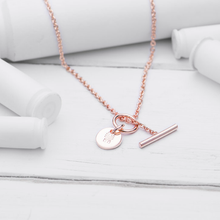 Load image into Gallery viewer, BEST SELLER!  LAST ONE AVAILABLE!!  24K Rose Gold Plated brass chain (Short 18” length)  24K Rose Gold Plated brass B&amp;U charm  T-Closure on front  A portion of proceeds donated to help Veterans  This B&amp;U Charm necklace is small, stackable and perfect for almost any outfit
