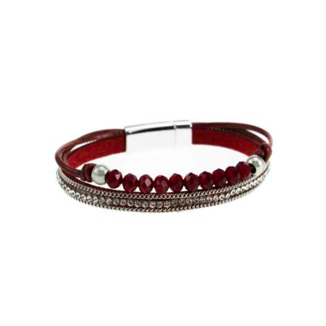 Leather bracelets are one of the hottest items of the season! Merx fashion bracelets are designed using high quality genuine leather, embellished with freshwater pearls, agate stones, and crystals. The metal used is pewter, zinc or brass. Nickel free & lead free.  This red leather bracelet has a row of clear rhinestones and a row of red beads. This bracelet is narrow enough to wear on its own or stacked with other bracelets   Magnetic clasp  Size: 8” in length