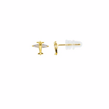 Load image into Gallery viewer, These 925 sterling silver plane studs are very fun and trendy to wear. They are 14K Gold Plated with high quality cubic zirconia.   Lead and nickel free  Hypoallergenic   Size: 10mm x 10mm

