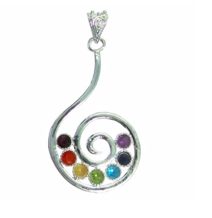 This eye catching silver coloured nikel free alloy pendant comes from India. Gemstones represent the chakra system.Gemstones include garnet, carnelian, treated citrine, peridot, blue topaz, iolite and amethyst.This necklace is 36cm in length  Spiral Chakra Pendant is 5cmx3cm