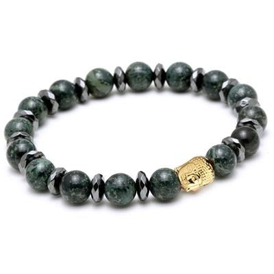 This green gold natural stone bracelet is the perfect addition to your collection.  The gold buddha head is an added feature of this bracelet which exudes spirituality and balance.  Goldstone is a good deflector of unwanted energies, and is highly regarded in the spirit realm as a protection mineral.  Fits size M-L   8mm Green Goldstone Beads   Gold and Gun Metal Plated 