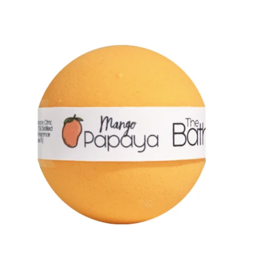Bursting with flavour! Juicy mango meets sweet, succulent papaya. This bath bomb offers top notes of mango, citrus and pineapple. Heart notes of peach and papaya with a hint of creamy coconut at the base. This water colour changing bath bomb will not stain the tub or skin.  Relax and unwind as your bath water changes to a vibrant hue of orange.  Ingredients: Sodium Bicarbonate (Baking Soda), Citric Acid, Sunflower Oil, Phthalate Free Mango Papaya Fragrance Oil, CI19140 (Yellow 5)