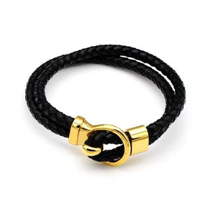 Black Leather and Gold Hoop Bracelet