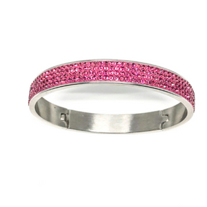 This swarovski rose bangle  is made from surgical stainless steel and is 2.5" wide  This bangle has 4 rows of Swarovski Crystals set in a clay base  Hypoallergenic, lead and nickel free   This bangle is 2.75" in circumference and has a latching closure