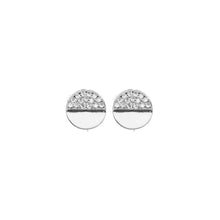 Load image into Gallery viewer, These .925 sterling silver half pave circle studs are very elegant. Cubic zirconia are filled in half of each earring  We carry these studs in both rhodium plated or 14K gold plated  Hypoallergenic, sterling silver back and posts, lead and nickel free  Size: 8mm
