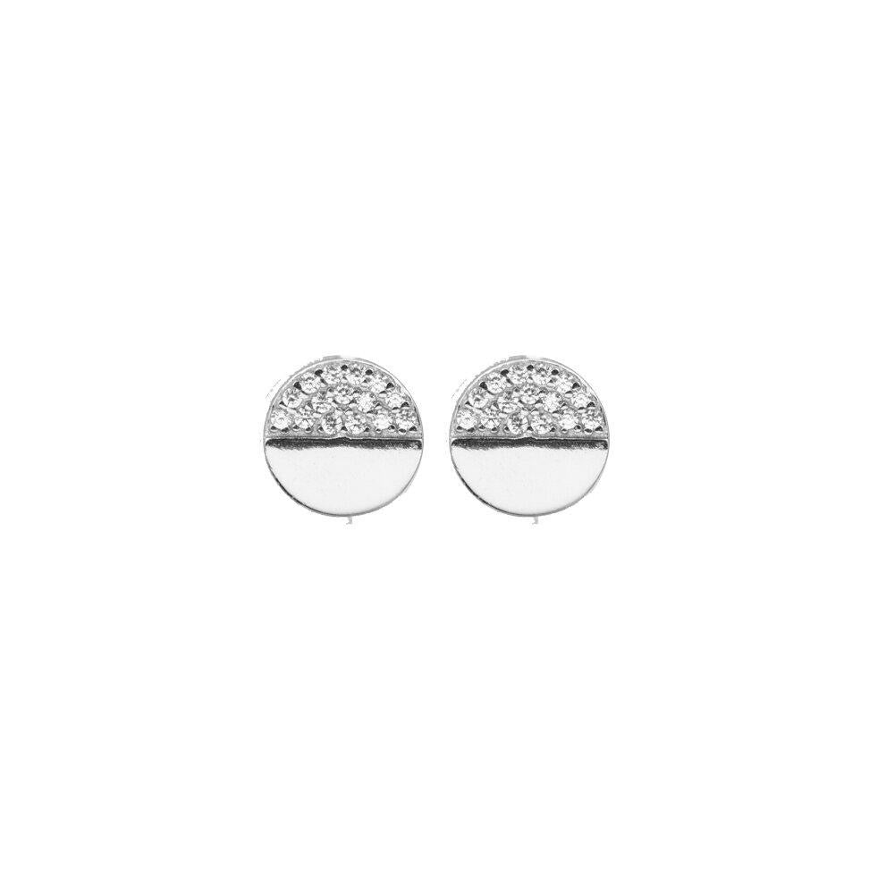 These .925 sterling silver half pave circle studs are very elegant. Cubic zirconia are filled in half of each earring  We carry these studs in both rhodium plated or 14K gold plated  Hypoallergenic, sterling silver back and posts, lead and nickel free  Size: 8mm